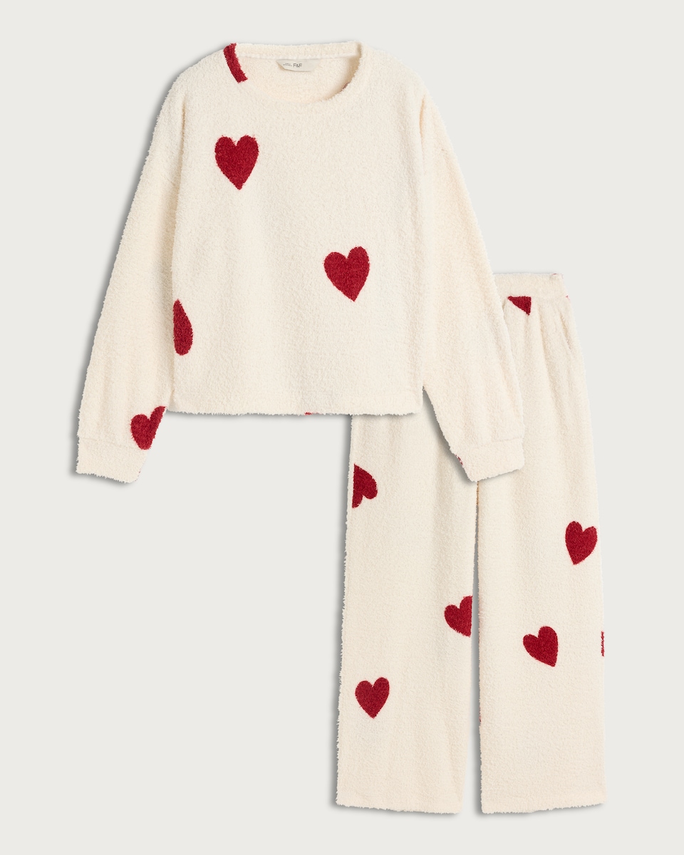image 1 of F&F Fleece Textured Heart Print Pyjama Set in Cream