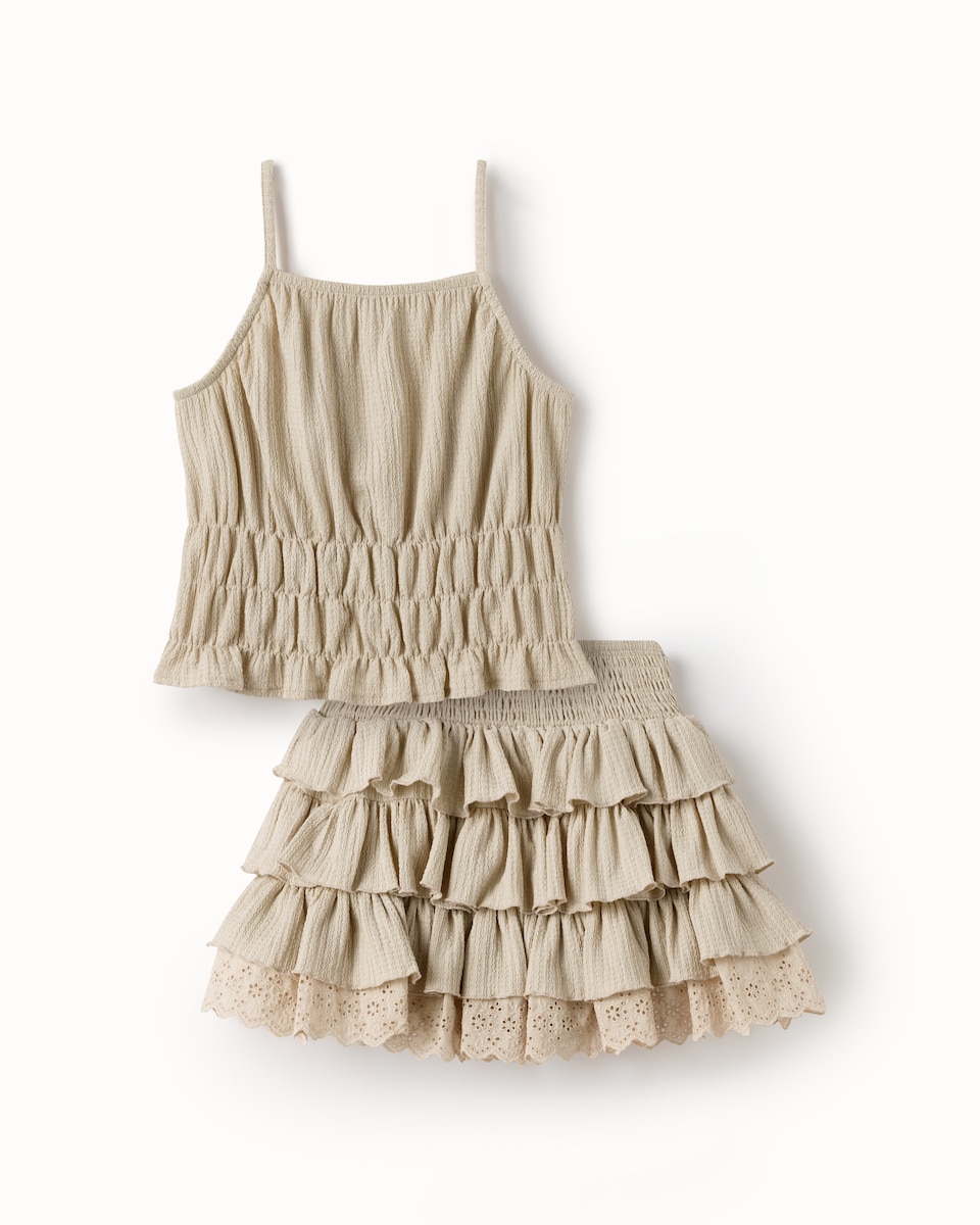 image 1 of F&F Girls 2-Piece Crinkle Textured Top and Tiered Skirt Set in Neutral