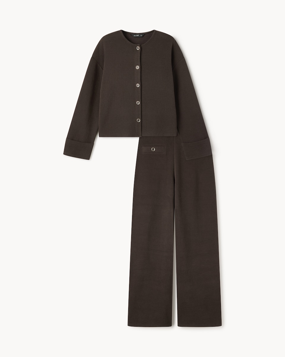 image 1 of F&F Brushed Cardigan and Trousers Set in Chocolate