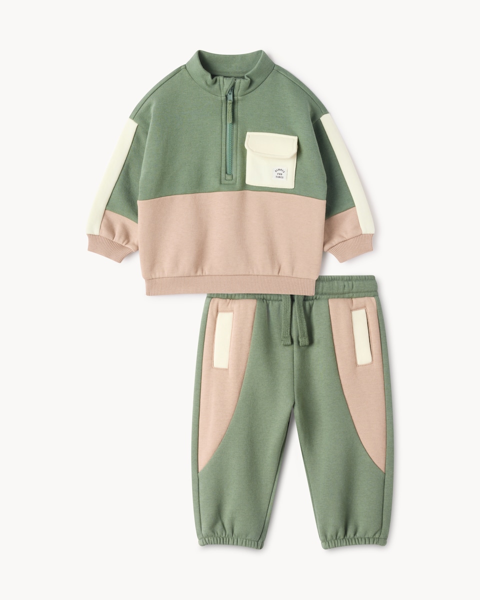image 1 of F&F Baby Cotton Rich Colour Block Sweatshirt and Joggers Set in Green