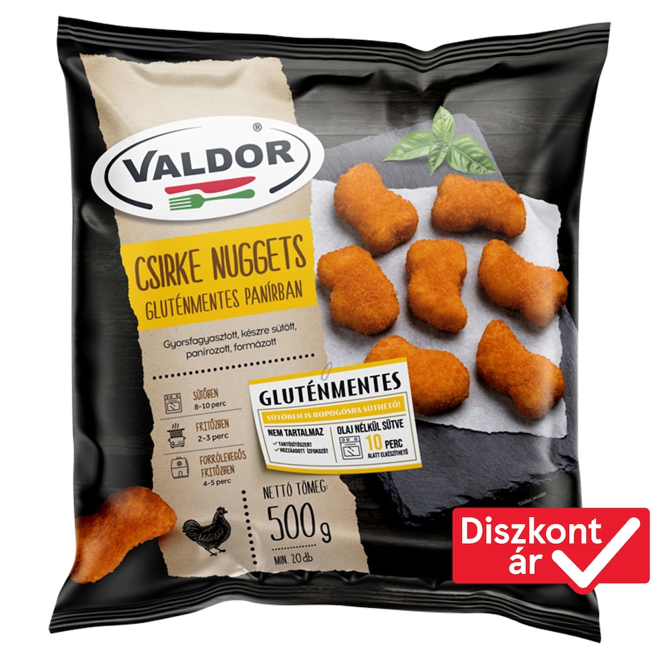 Valdor gyorsfagyasztott, készre sütött, panírozott csirke nuggets gluténmentes panírban 500 g