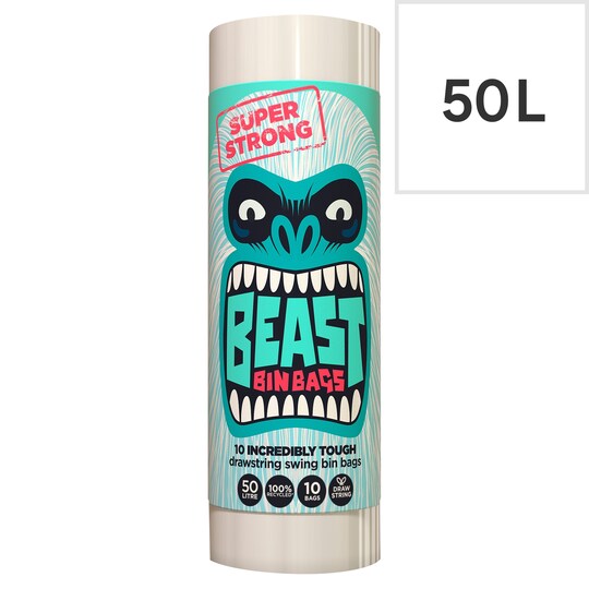 Beast Super Strong 50L Drawstring Bin Bags 10 Pack Tesco Groceries