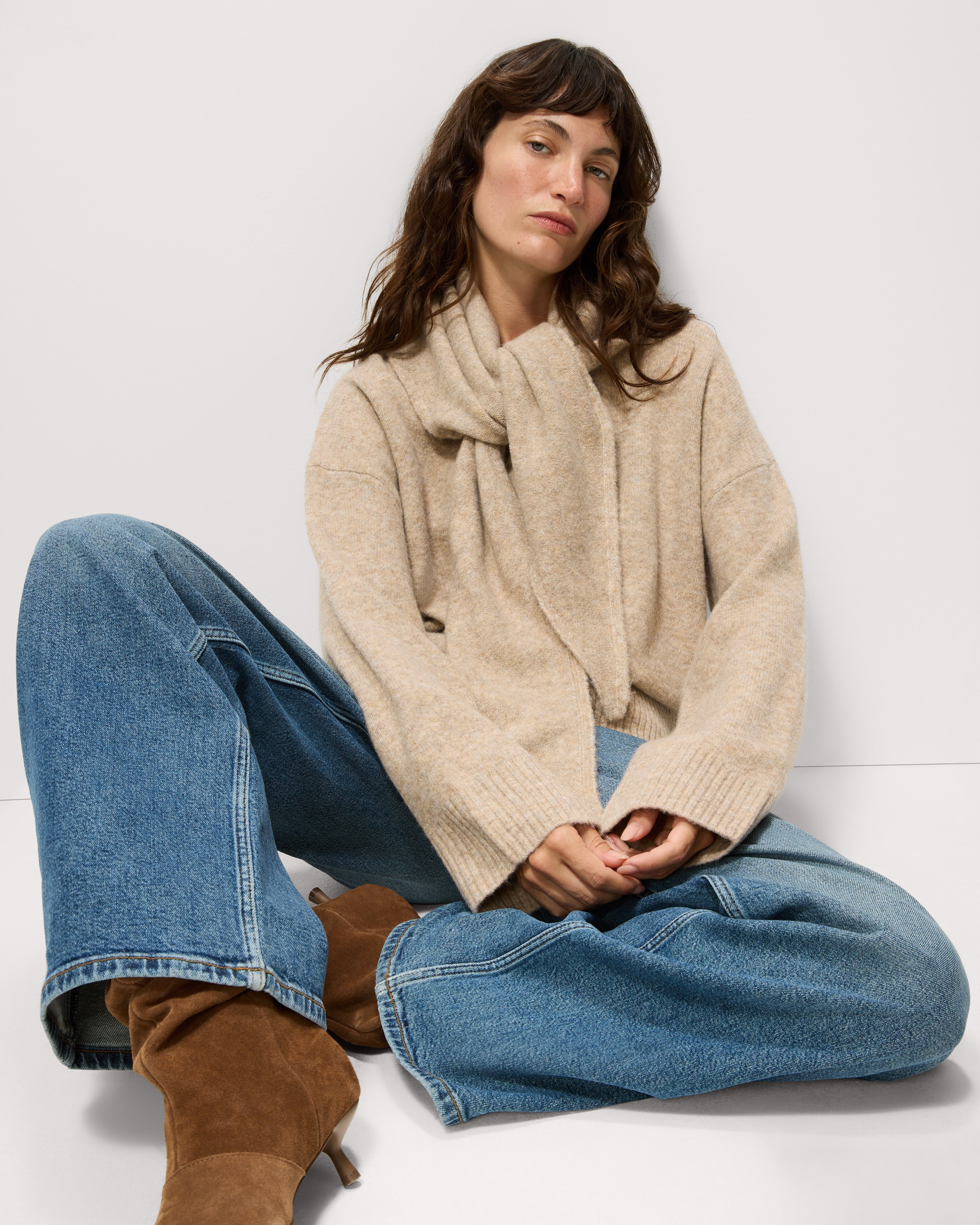 F&F Scarf Neck Knitted Jumper with Wool in Neutral