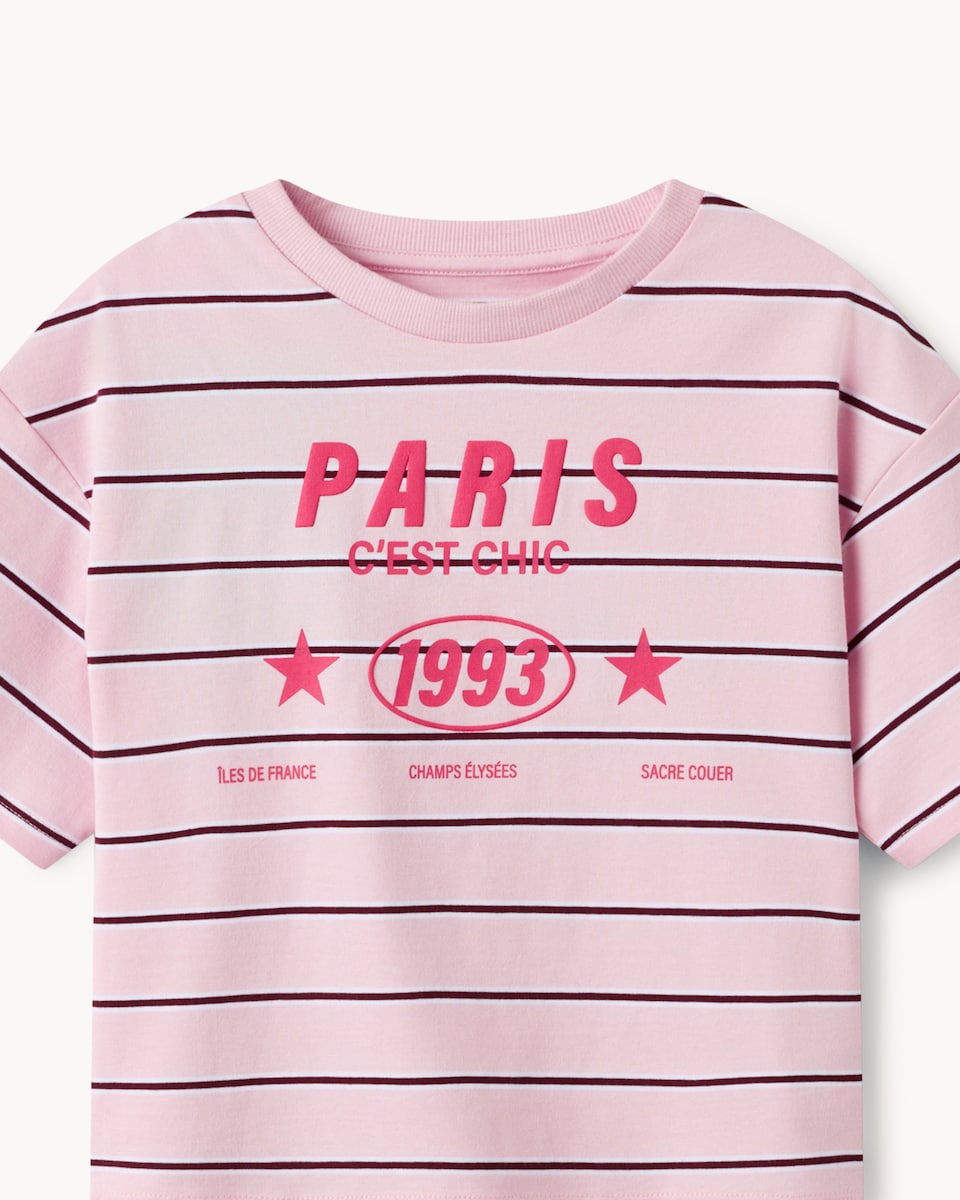 image 1 of F&F Girls Pure Cotton Striped Slogan T-Shirt in Pink