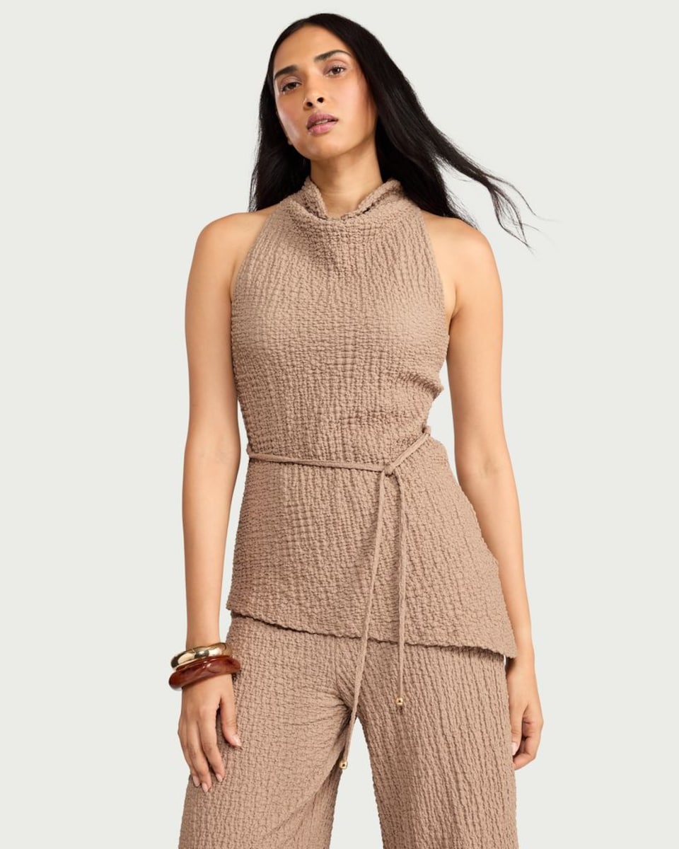 image 1 of F&F Crinkle Textured Draped Co-ord Top in Mink
