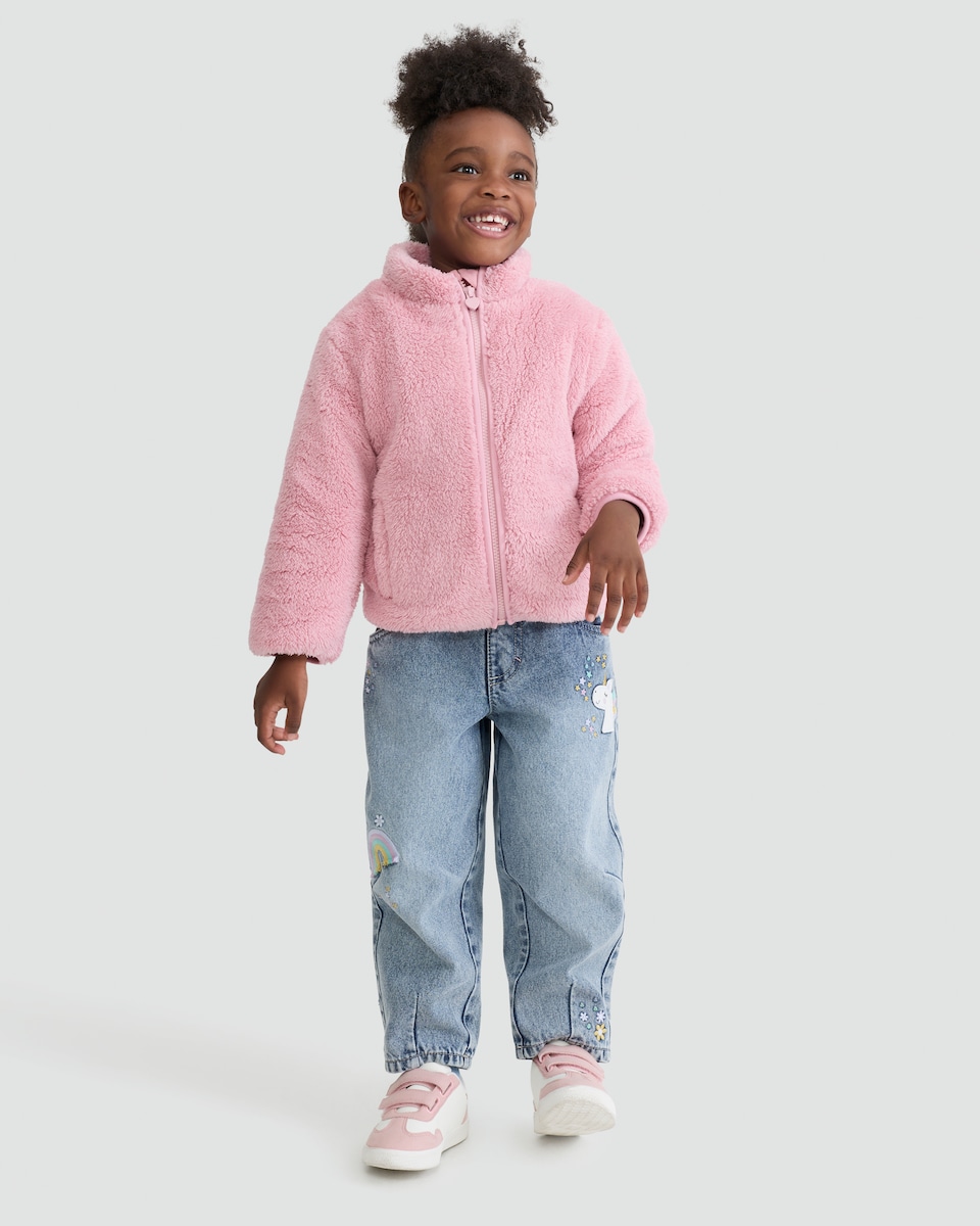 image 1 of F&F Girls Fleece Pocket Front Zip Up Jacket in Pink