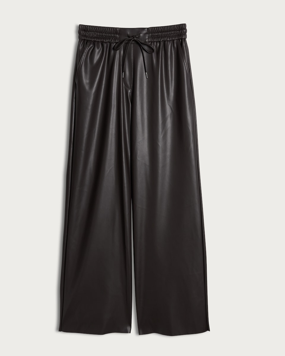image 1 of The F&F Edit Faux Leather Wide Leg Drawstring Trousers in Chocolate