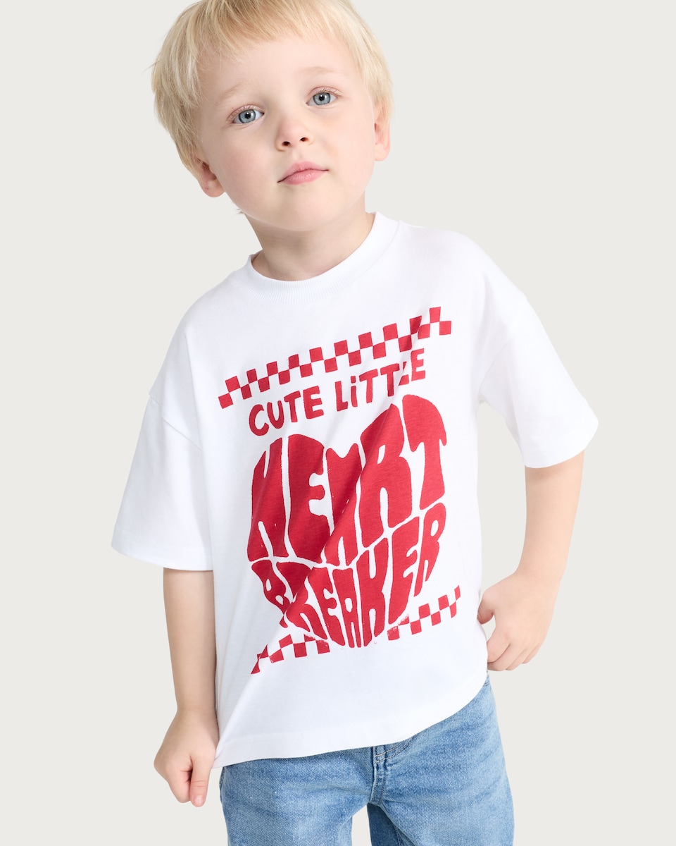 image 1 of F&F Boys Pure Cotton Cute Little Heartbreaker T-Shirt in White