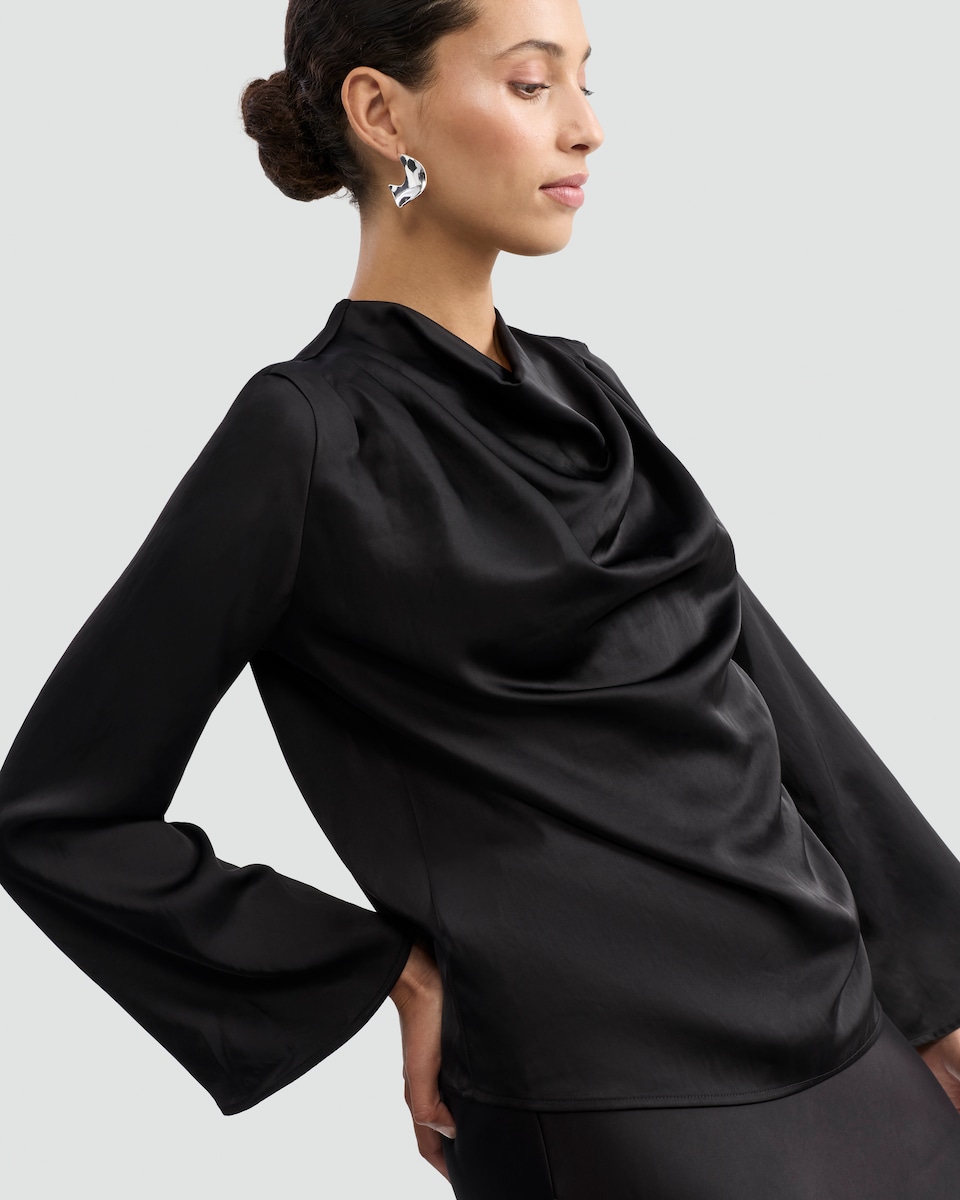 image 1 of F&F Satin Cowl Neck Long Sleeved Blouse in Black