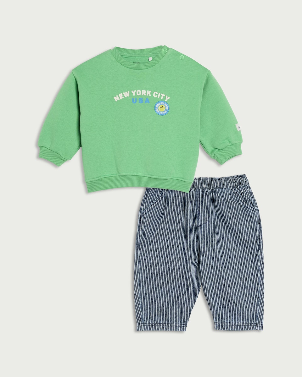 image 1 of F&F Baby 2-Piece NYC Sweatshirt and Trousers Set in Green