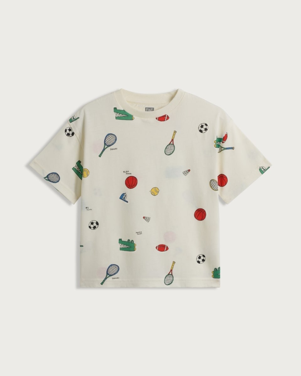 image 1 of F&F Boys Pure Cotton Sports Print T-Shirt in Cream