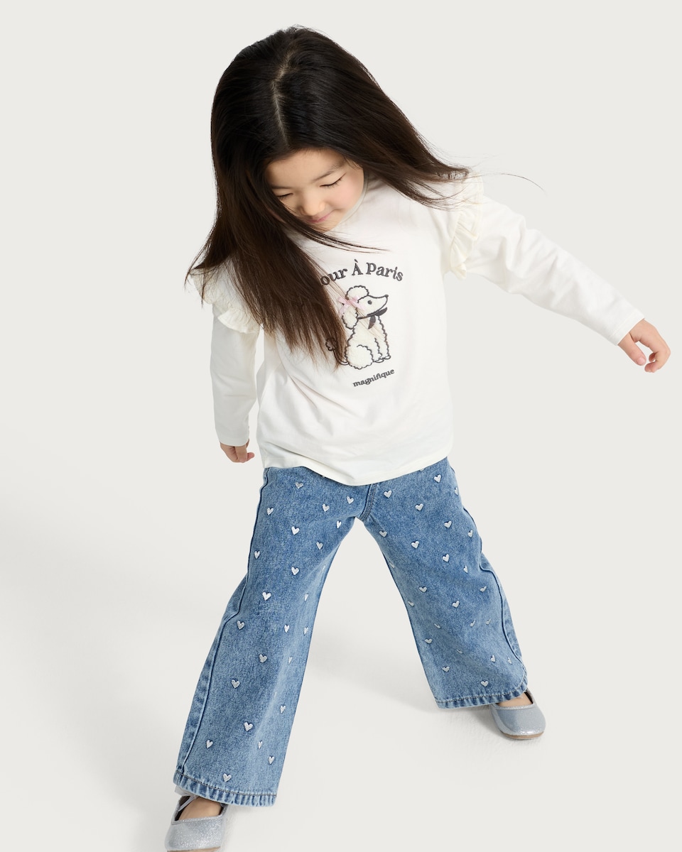 image 1 of F&F Girls Pure Cotton Poodle Print Ruffle Top in Cream