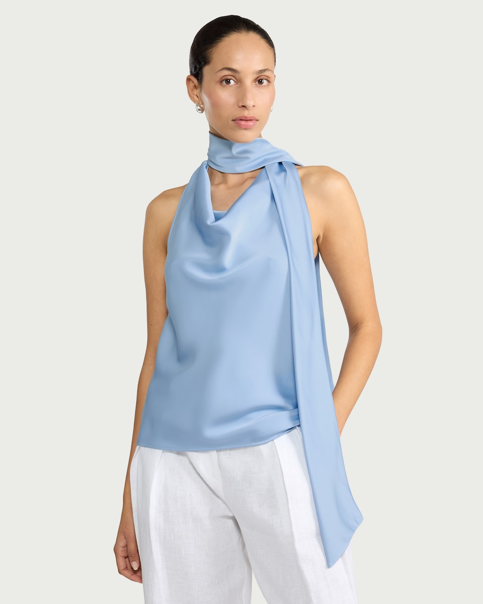 image 1 of F&F Satin Cowl Scarf Neck Blouse in Blue