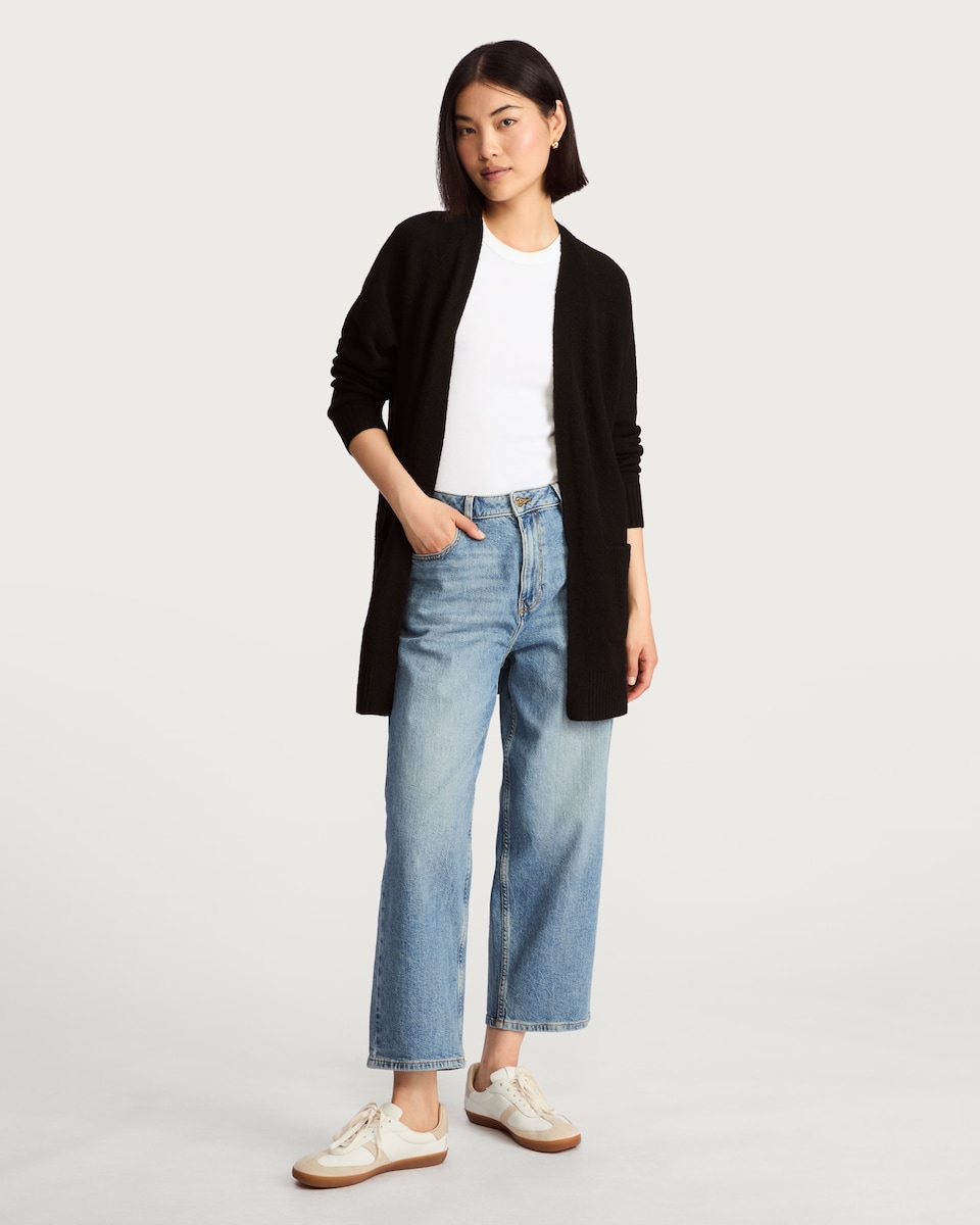 image 1 of F&F Patch Pocket Open Front Cardigan with Wool in Black