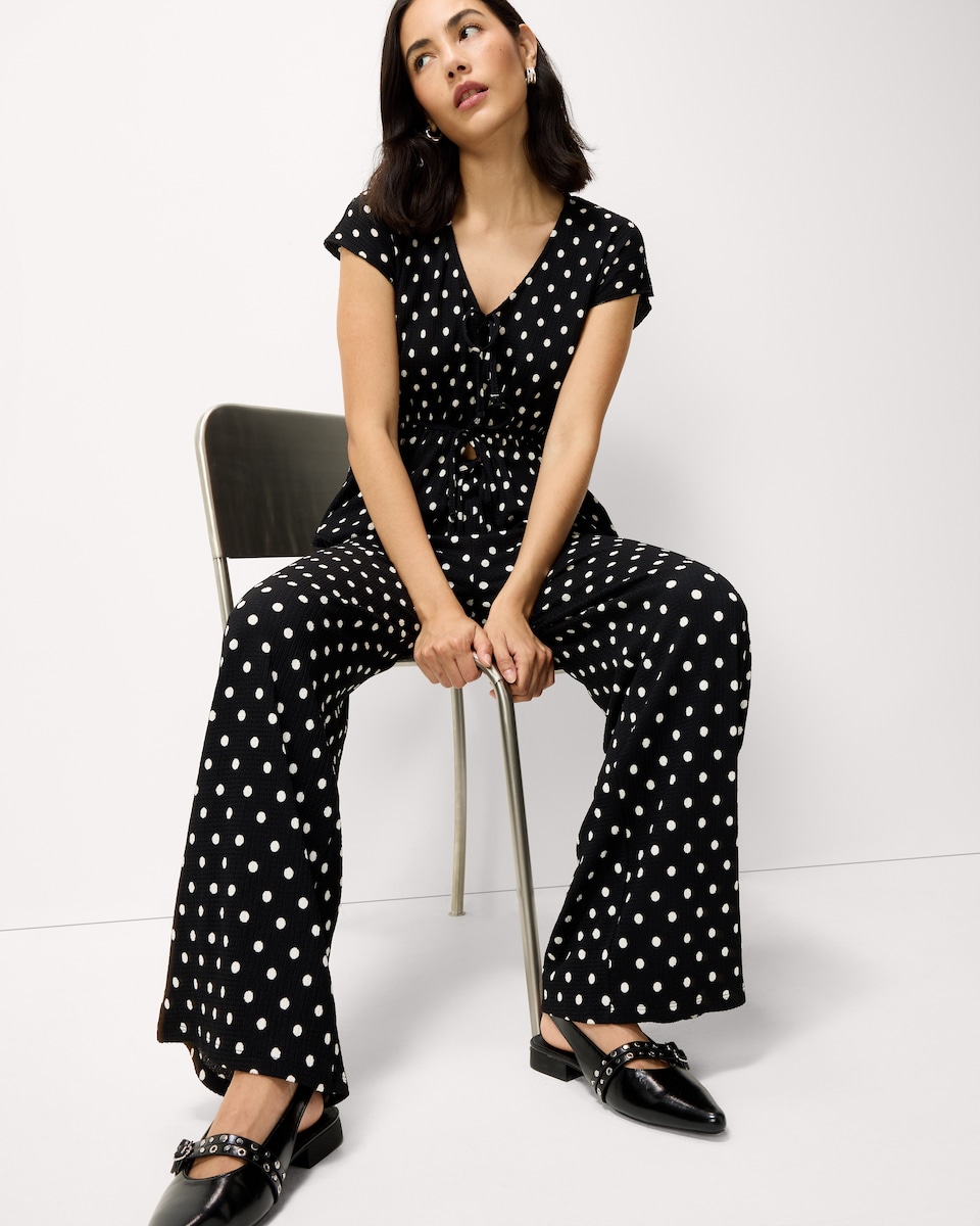 image 1 of F&F Textured Polka Dot Wide Leg Trousers in Multi Black