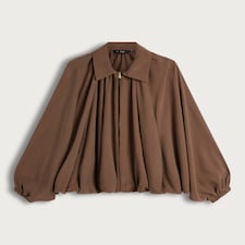 F&F Bubble Hem Zip Up Blouse in Brown