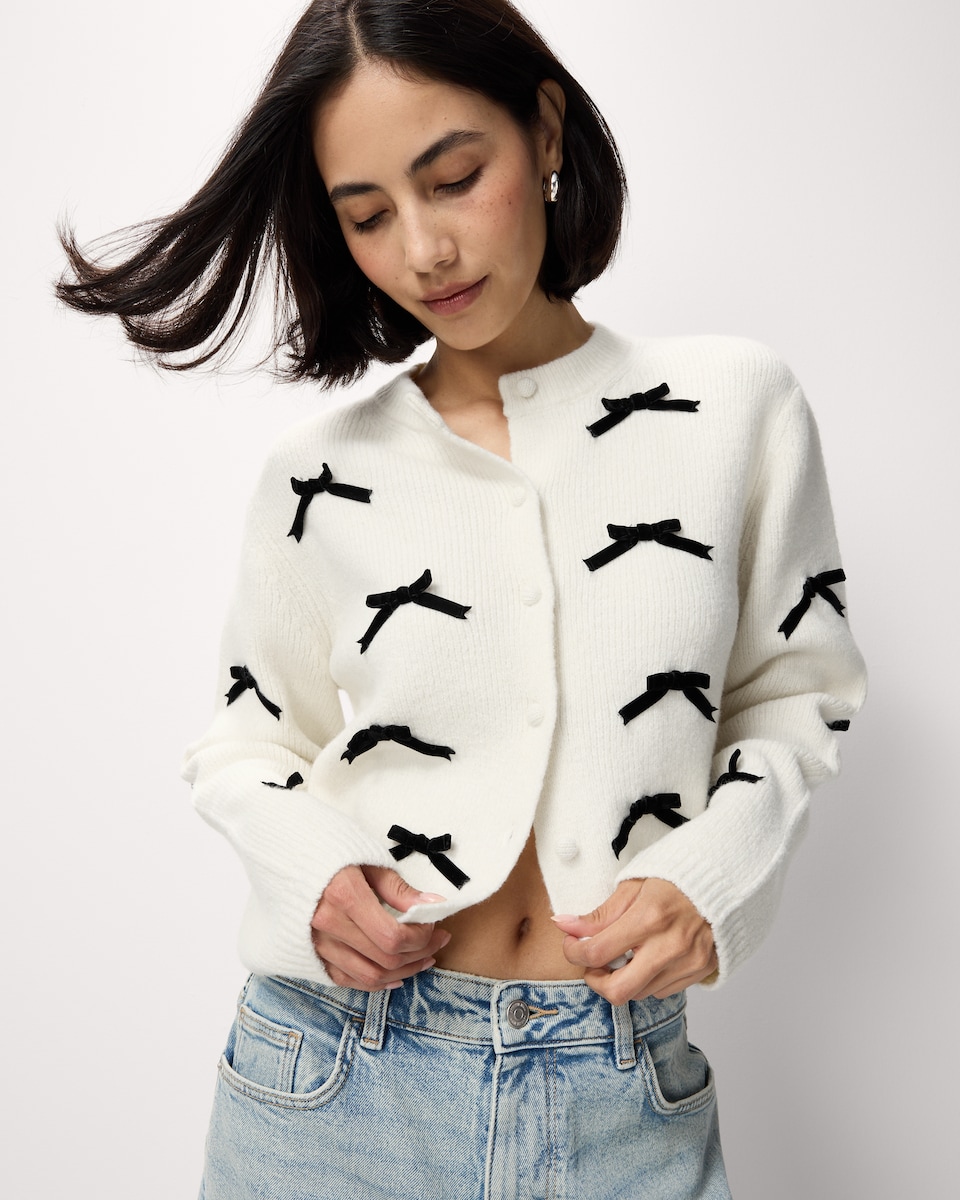image 1 of F&F Bow Cardigan with Wool in Cream