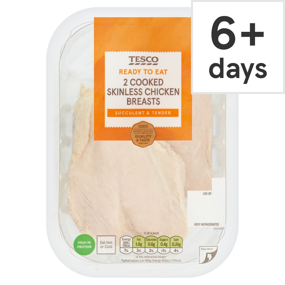 Tesco 2 Cooked Skinless Chicken Breast Fillets 220G