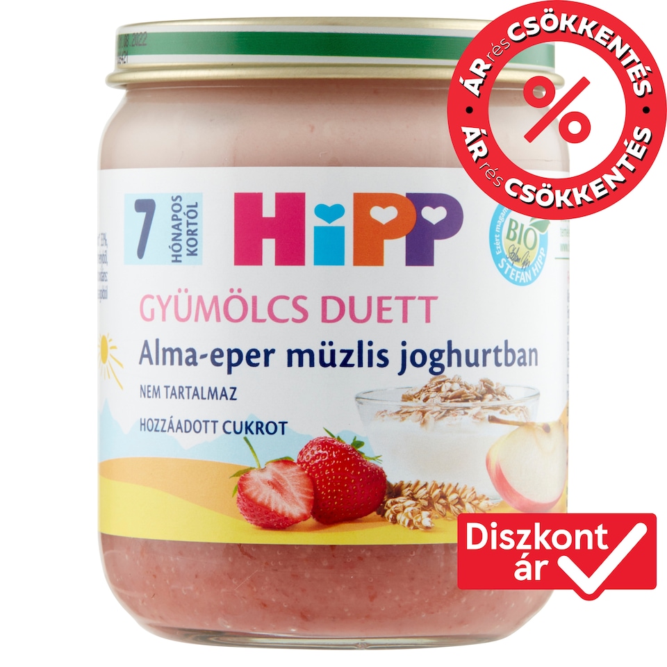 HiPP Gyümölcs Duett BIO alma-eper müzlis joghurtban bébidesszert 7 hónapos kortól 160 g