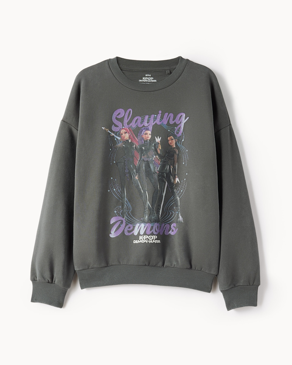 K-Pop Demon Hunters Cotton Rich Printed Sweatshirt in Grey