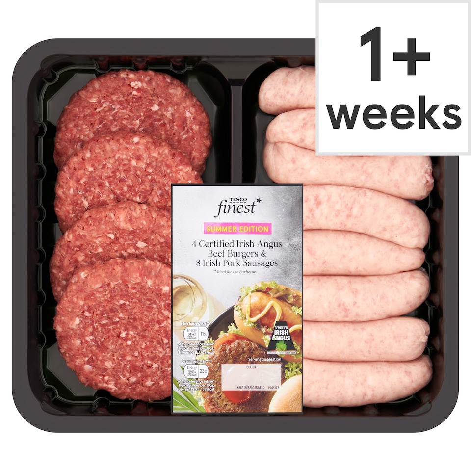 Tesco Finest 4 Certified Irish Angus Beef Burgers and 8 Irish Pork Sausages 1.06kg