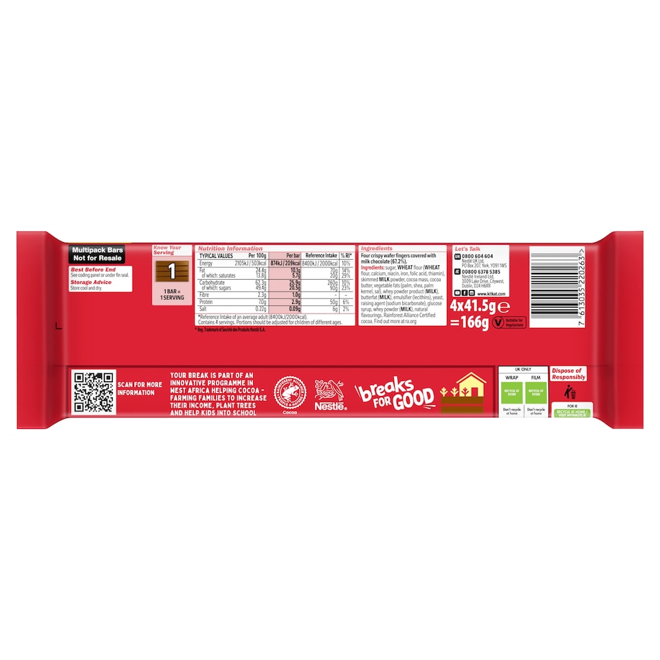 image 1 of Kit Kat 4 Finger Milk Chocolate Bar Multipack 41.5g 4 Pack