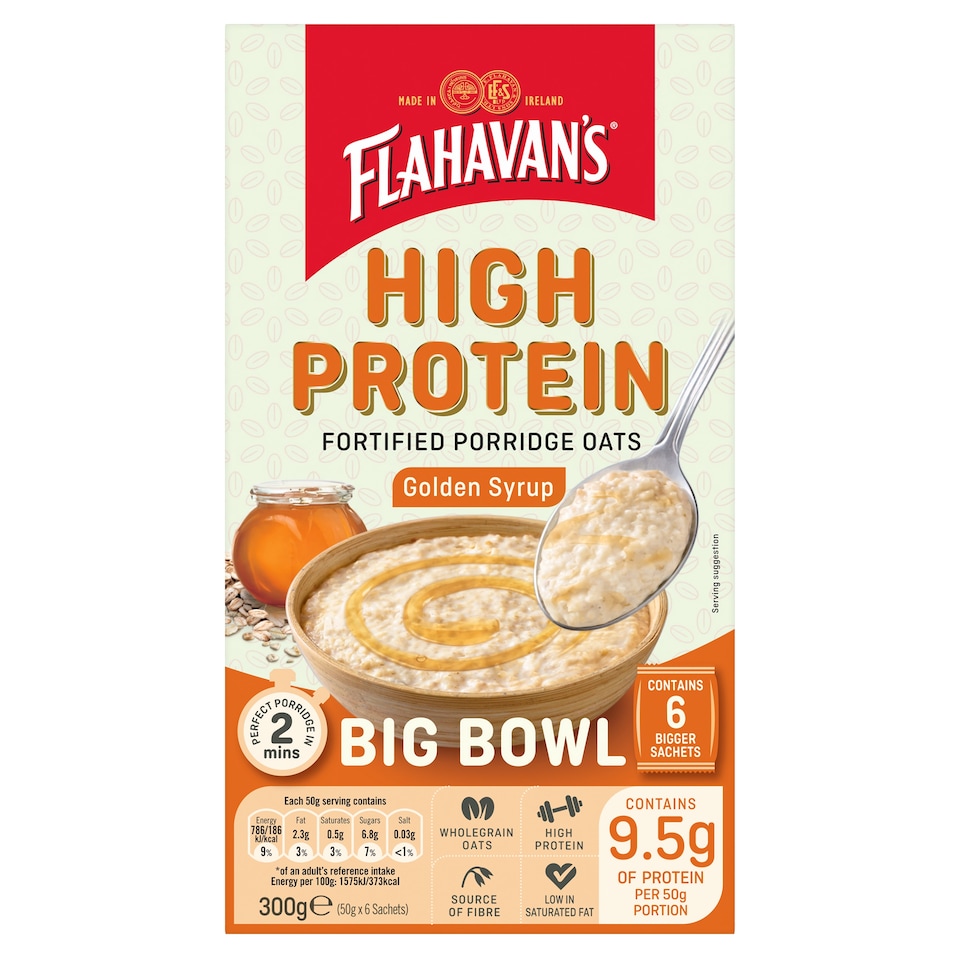 Flahavans High Protein Fortified Porridge Oat Sachets Golden Syrup 6x50g