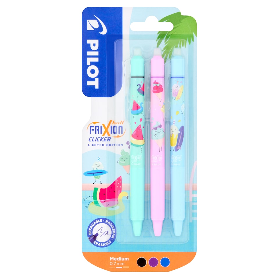 Pilot Frixion Erasable Pool Party Clicker Black, Violet, Blue Ink 3 Pack