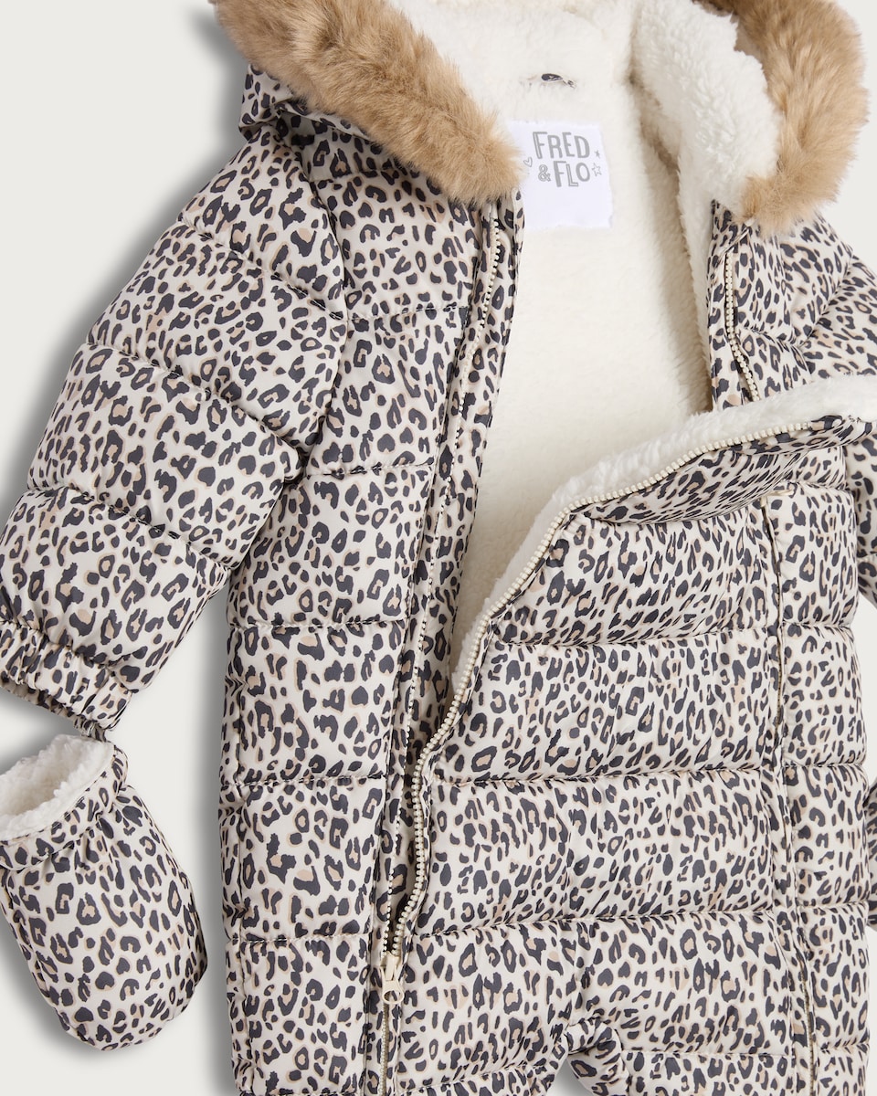 image 1 of F&F Baby Padded Leopard Print Pramsuit in Brown