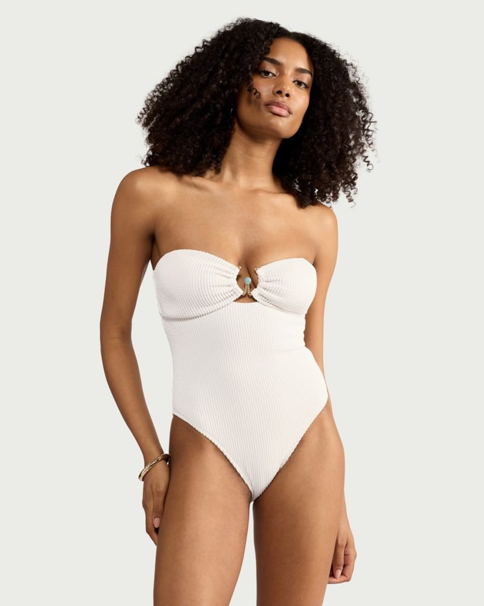 image 1 of F&F Textured Beaded One Piece Swimsuit in Cream