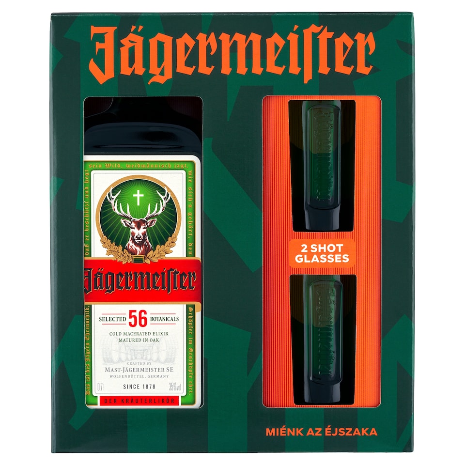Jägermeister gyógynövénylikőr díszdobozban 2 db 4 cl-es pohárral 35% 0,7 l  1. kép