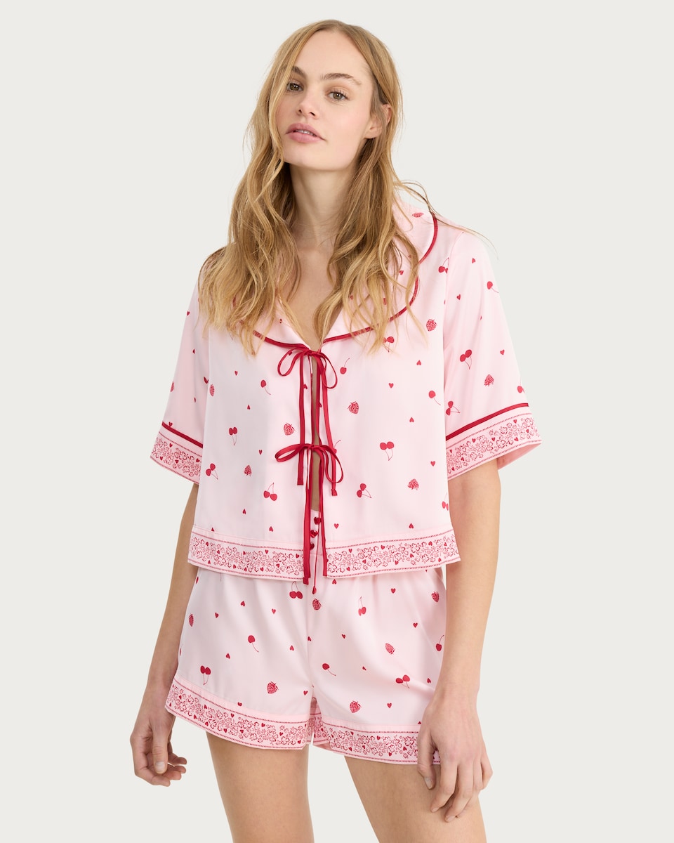image 1 of F&F CoolEase™ Satin Fruit Print Shirt and Shorts Pyjama Set in Multi Pink