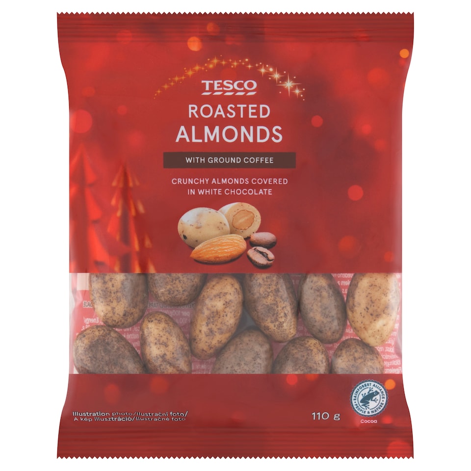 Tesco Pražené jadrá mandlí v bielej čokoláde s mletou kávou 110 g