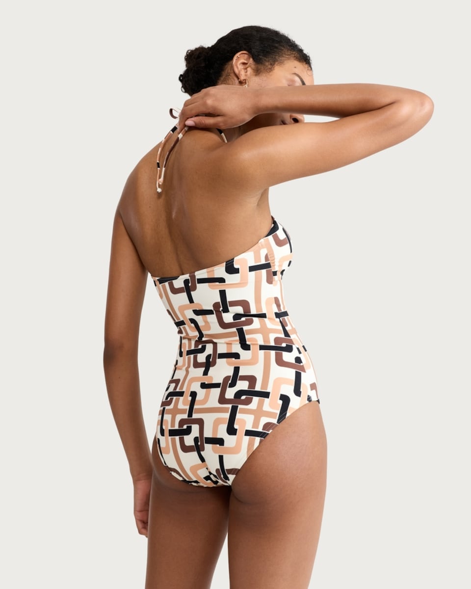 image 1 of F&F Chain Print Halter Neck Bandeau Swimsuit in Multi Orange