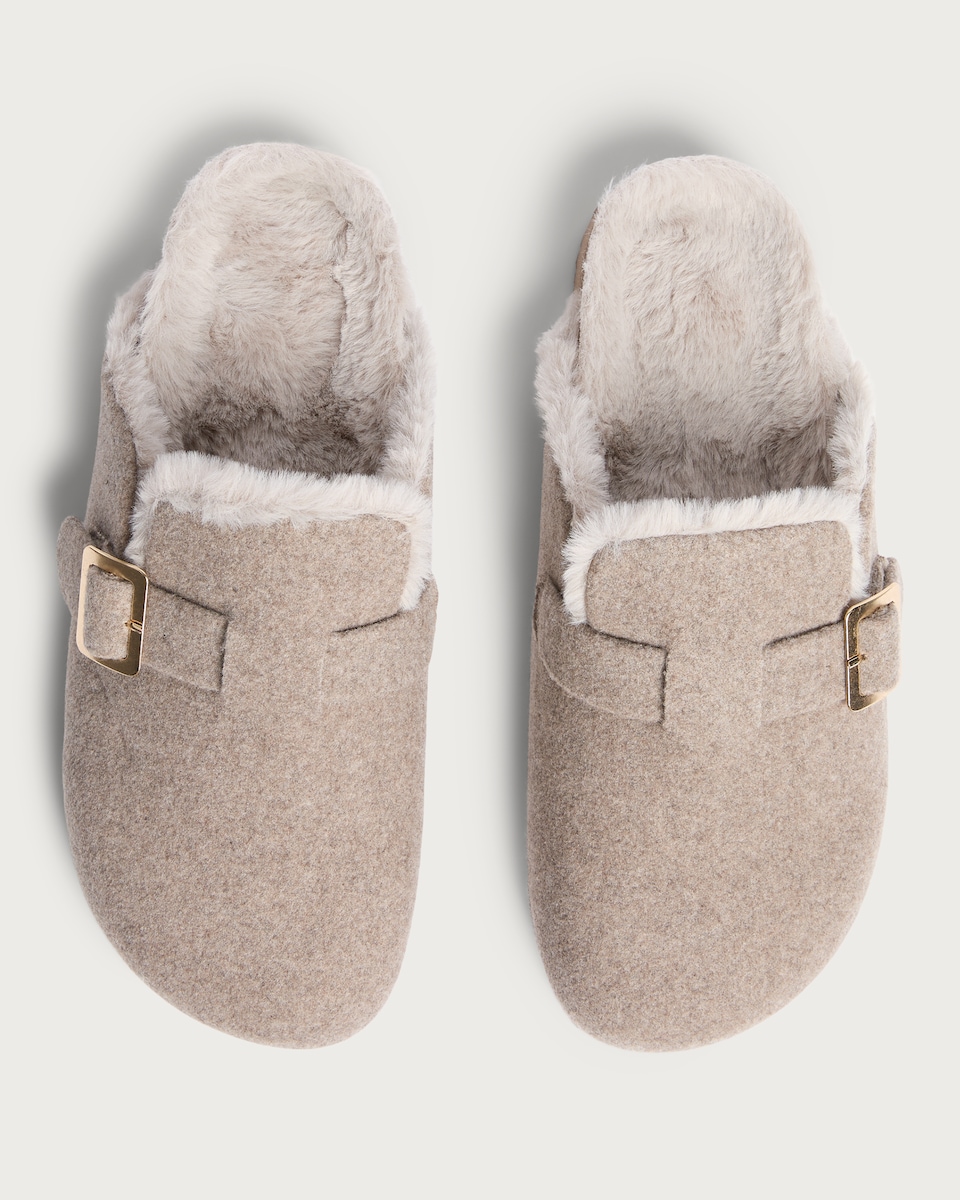 image 1 of F&F Faux Fur Lined Buckle Footbed Slippers in Mink