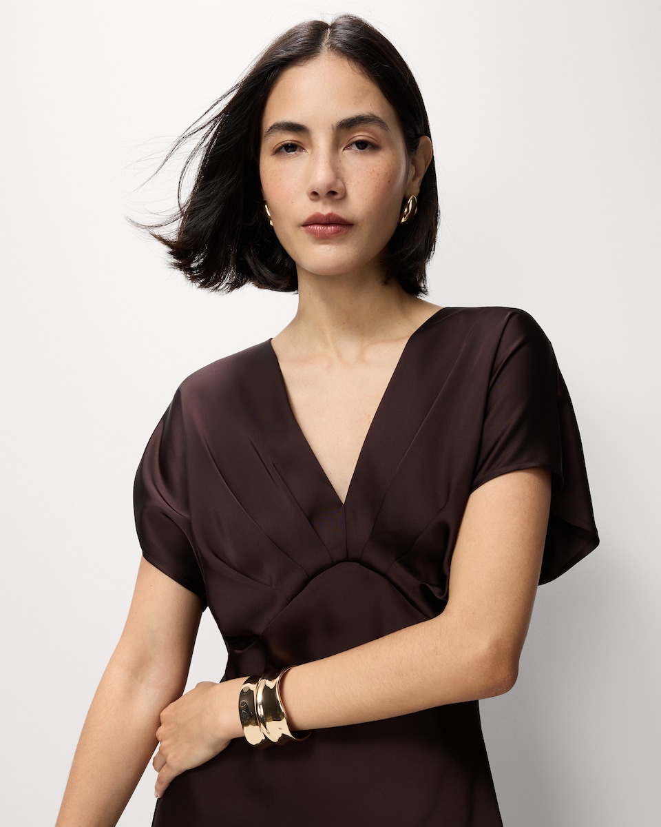 image 1 of F&F Satin V Neck Midi Dress in Brown
