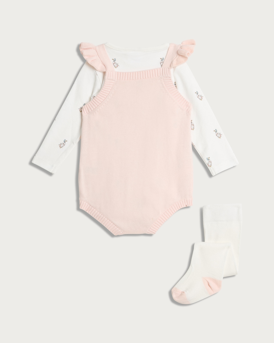image 1 of Peter Rabbit Jemima Puddle-Duck 3-Piece Pure Cotton Romper, Bodysuit and Tights Set in Pink