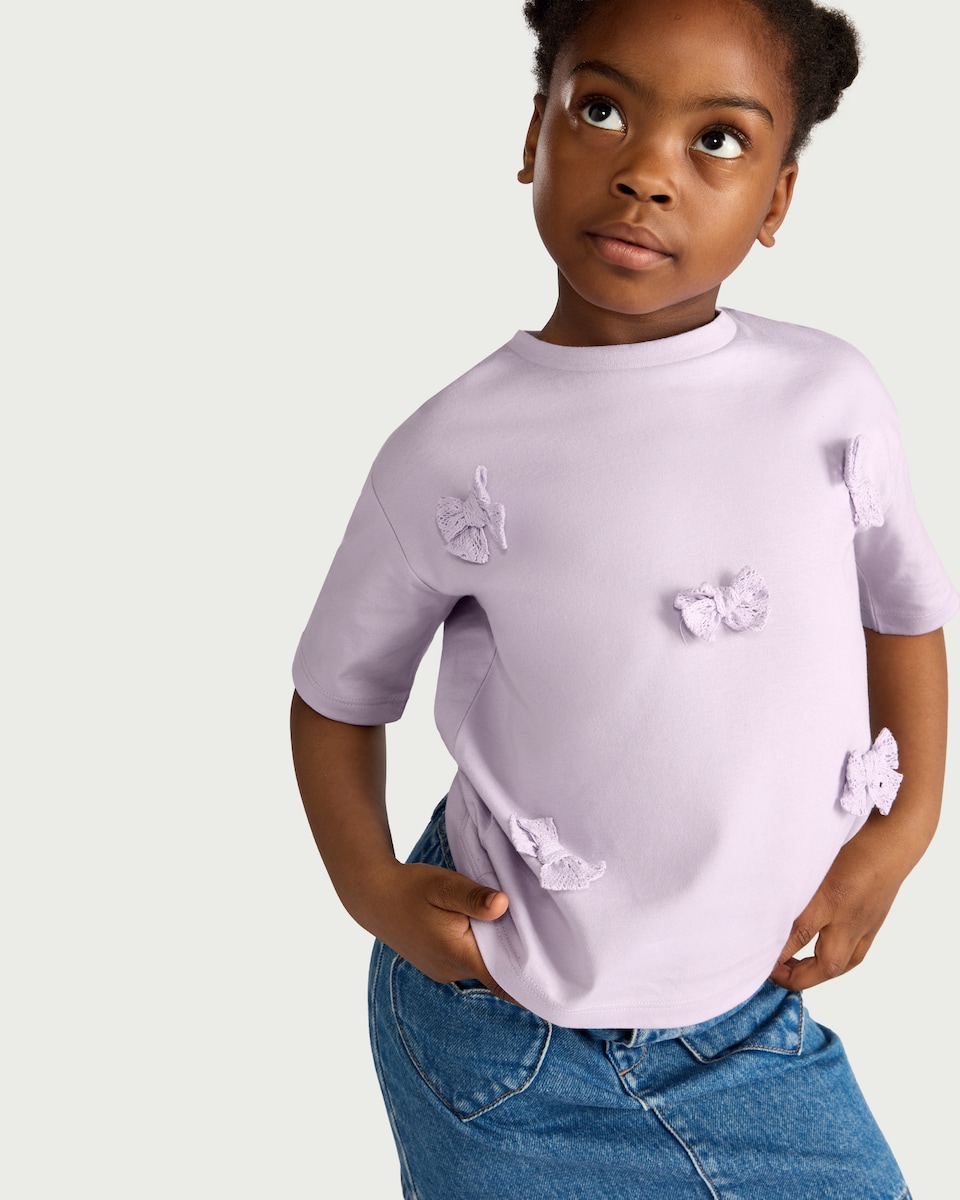 image 1 of F&F Girls Pure Cotton Bow Appliqué T-Shirt in Lilac