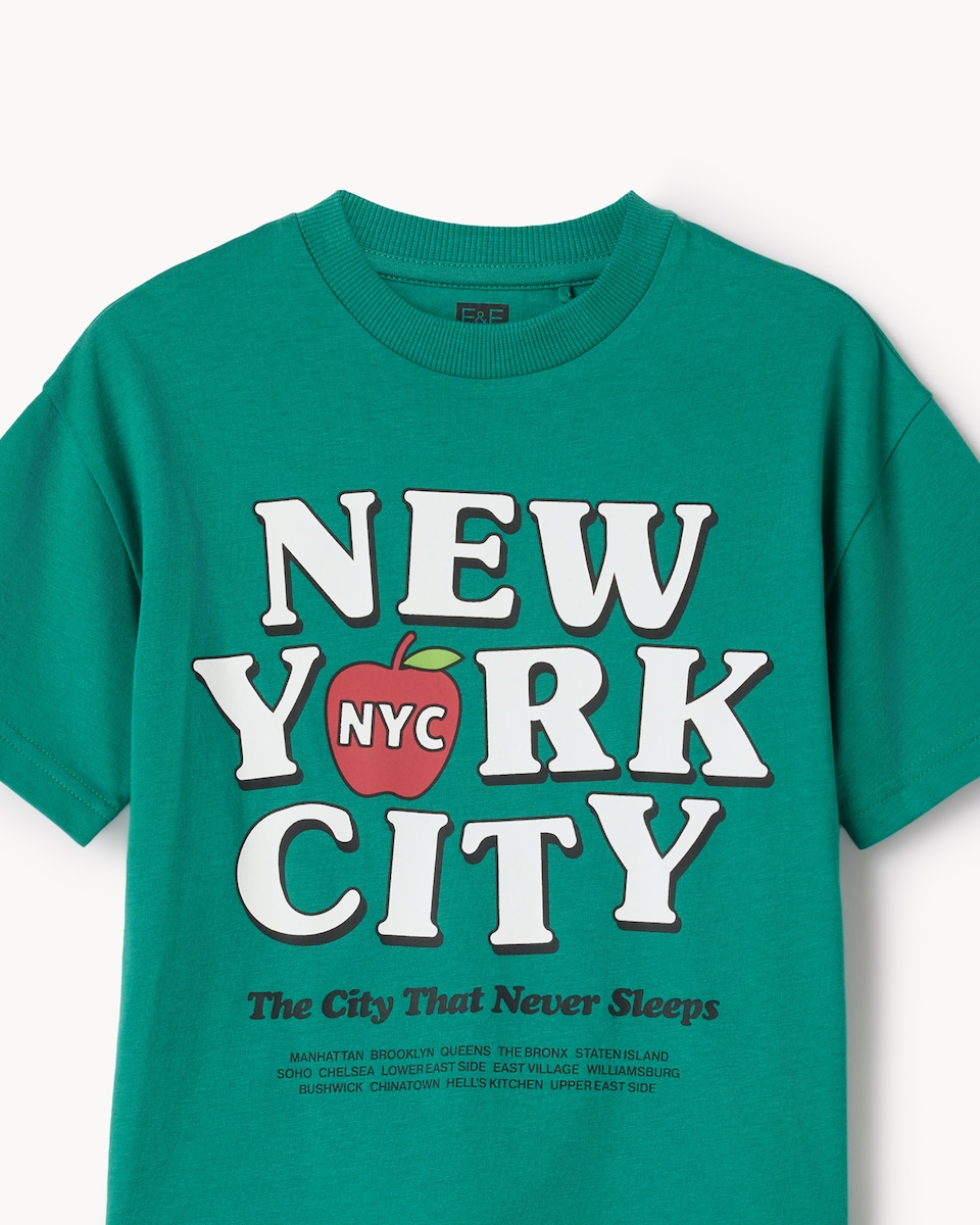 image 1 of F&F Boys Pure Cotton New York T-Shirt in Green