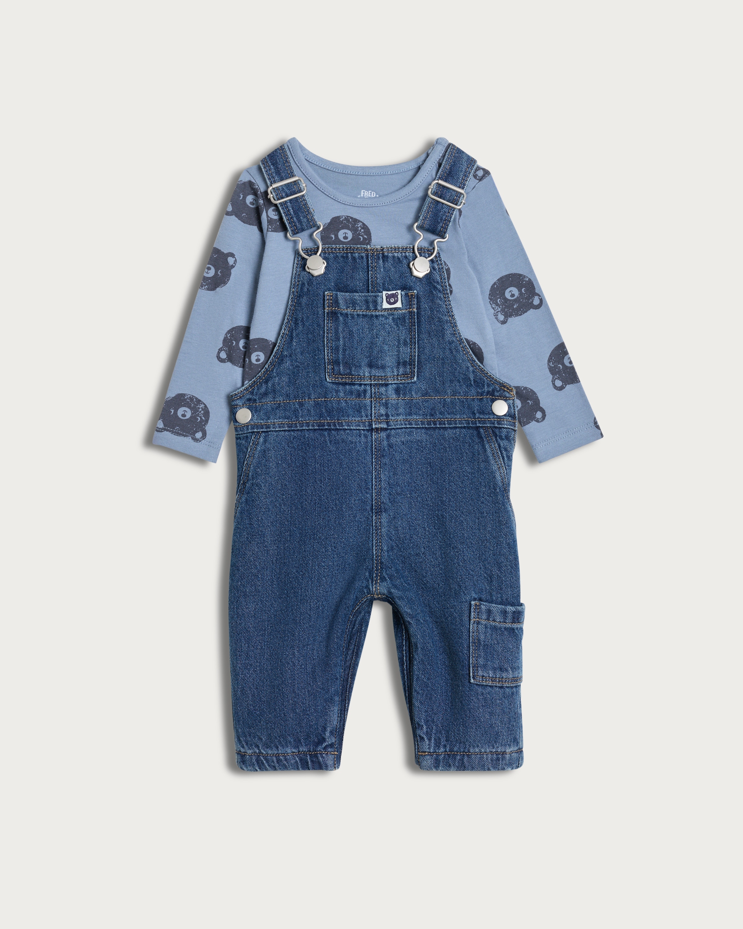 F&F Baby 2-Piece Pure Cotton Bodysuit and Fleece Lined Dungarees Set in Blue