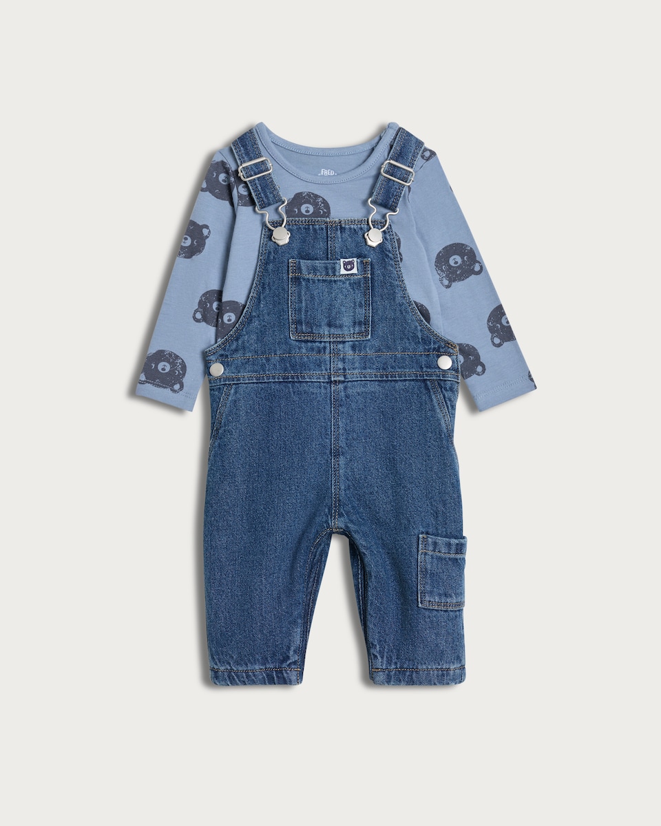 image 1 of F&F Baby 2-Piece Pure Cotton Bodysuit and Dungarees Set in Blue