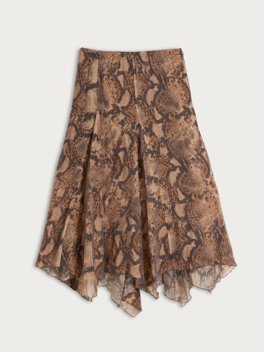 image 1 of F&F Snake Print Handkerchief Hem Midi Skirt in Multi Brown
