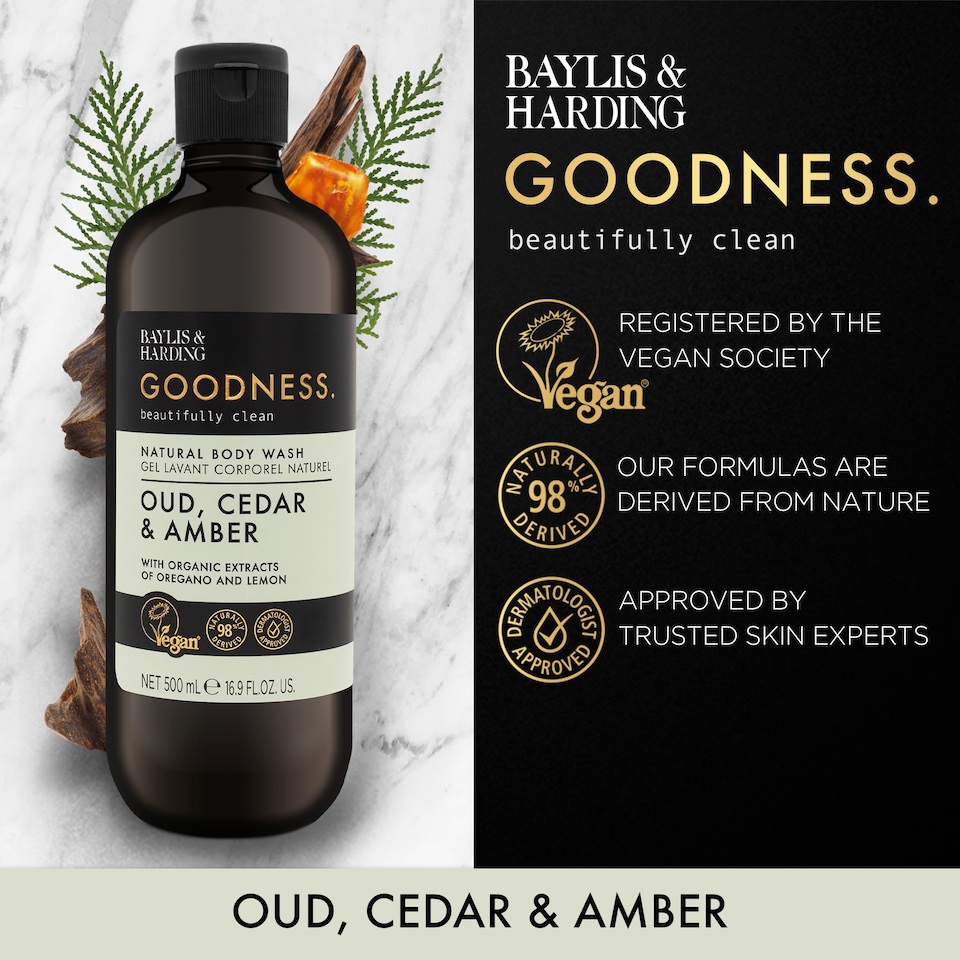 image 1 of Baylis & Harding Goodness Natural Body Wash - Oud, Cedar & Amber 500ml
