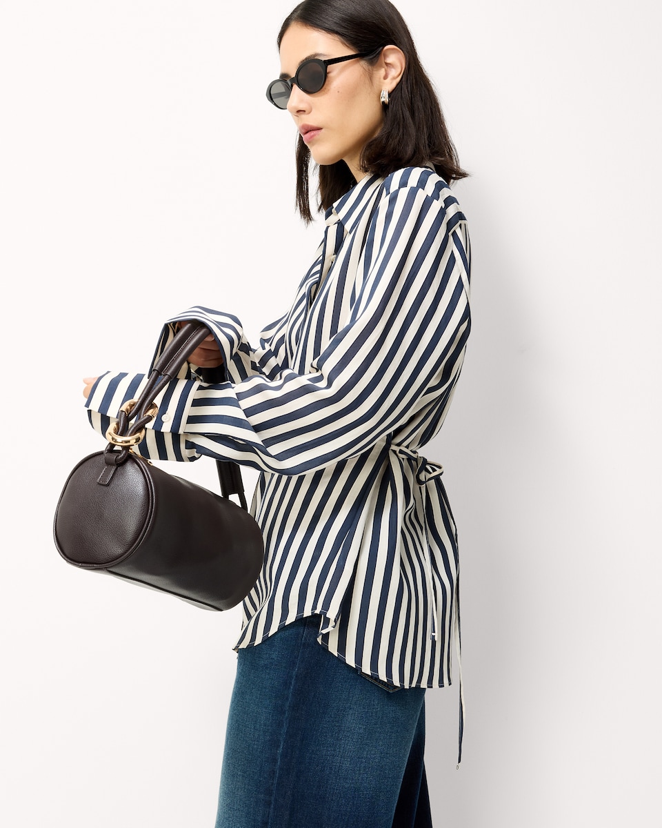 image 1 of F&F Striped Tie Waist Shirt in Multi Blue