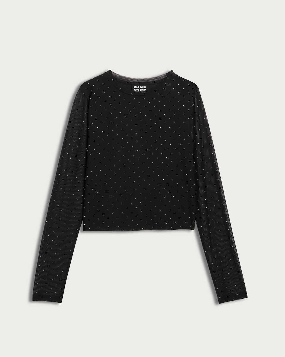 image 1 of OH ME OH MY Mesh Sleeve Embellished Co-ord Top in Black