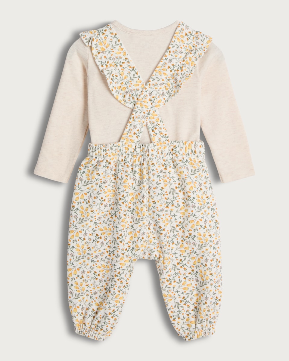 image 1 of F&F Baby 2-Piece Cotton Rich Floral Print Dungarees and Bodysuit Set in Neutral