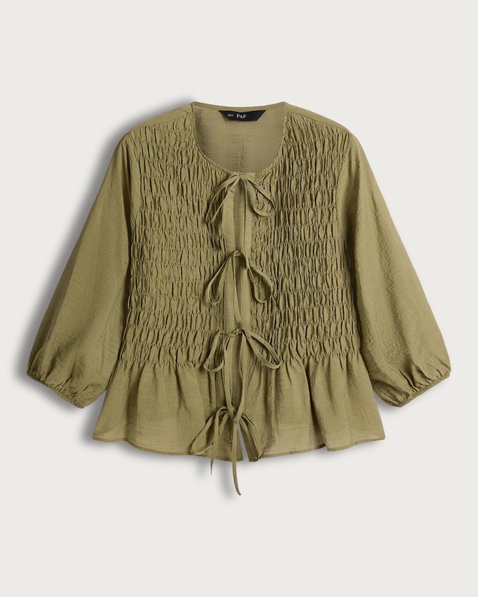 image 1 of F&F Textured Smocked Tie-Front Blouse in Khaki