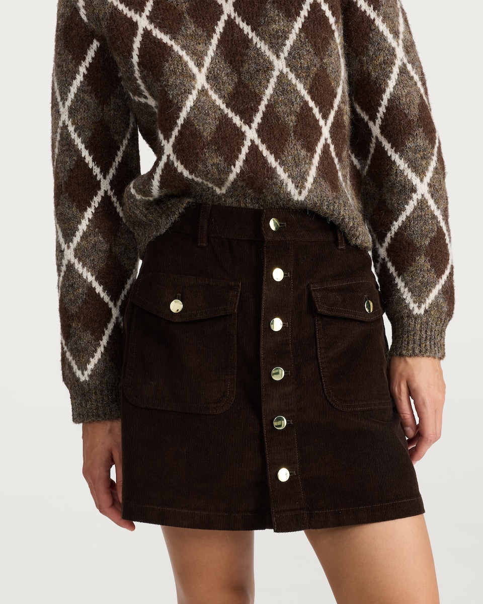 image 1 of F&F Pure Cotton Corduroy Button Front Mini Skirt in Brown