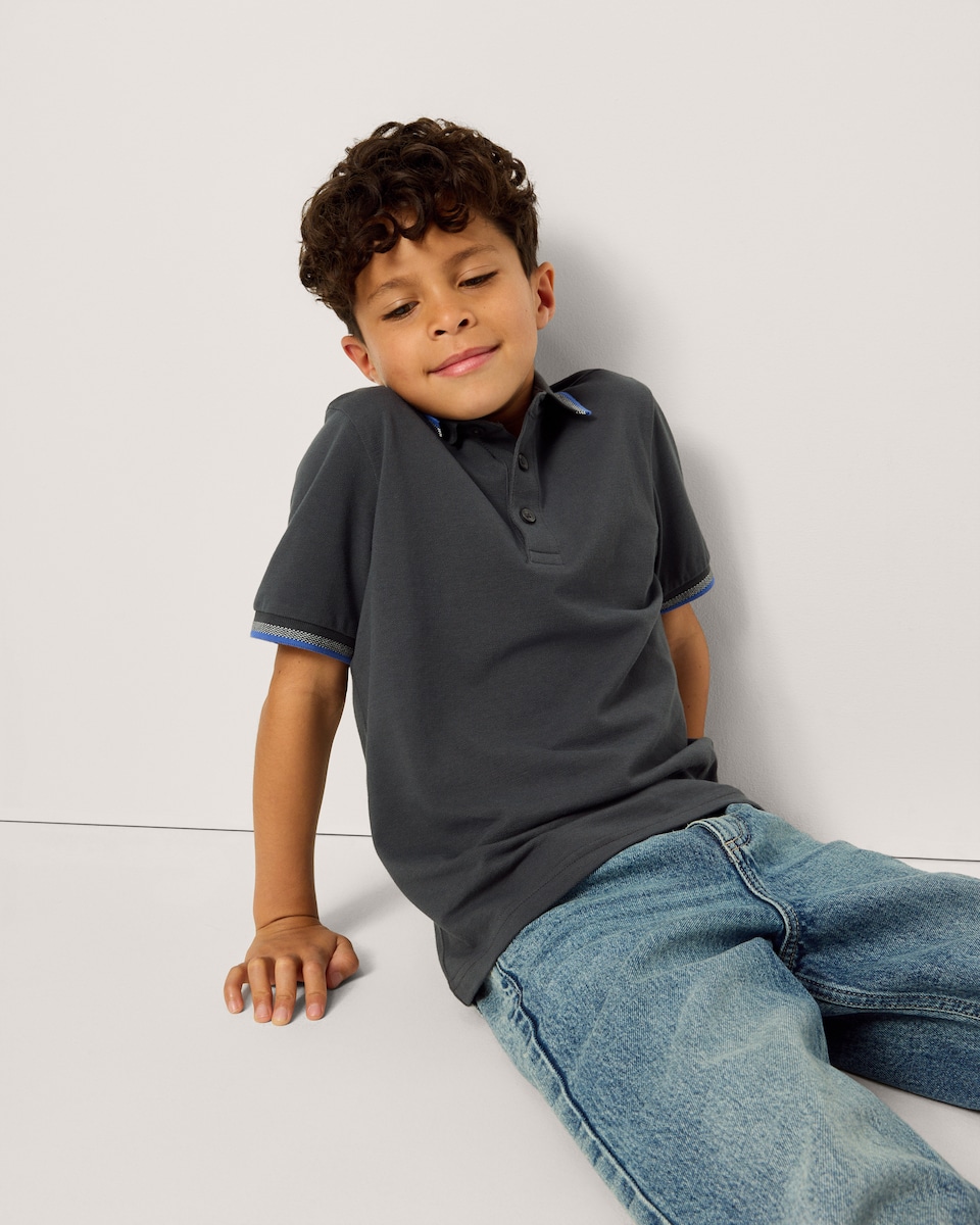 image 1 of F&F Boys Pure Cotton Tipped Polo Shirt in Grey