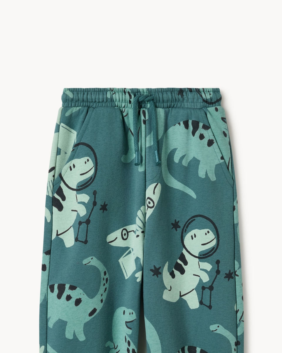 image 1 of F&F Boys Cotton Rich Dinosaur Cuffed Joggers in Teal